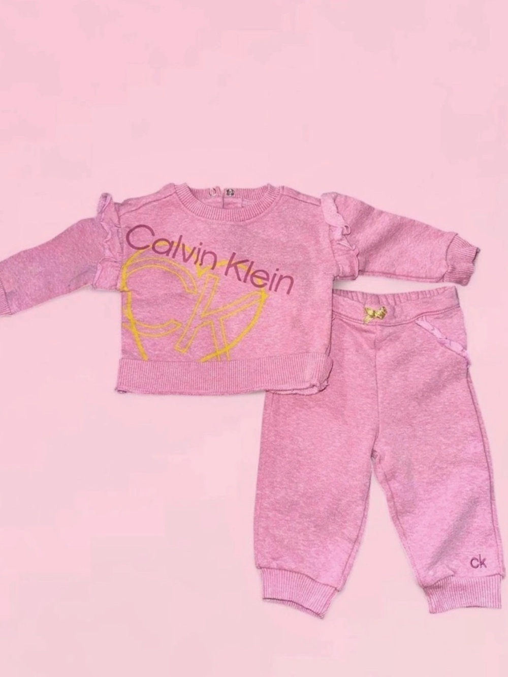 Calvin Klein Baby Girls Fleece Sweatshirt and Jogger Pants 2-Piece Set Pink